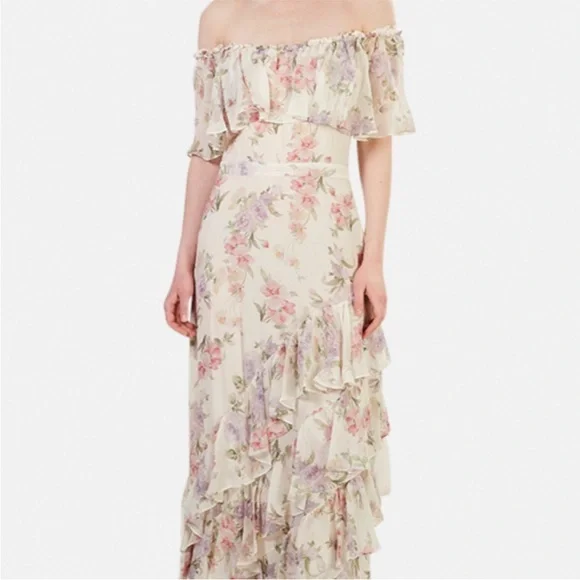 LoveShackFancy Plum maxi tiered off the shoulder silk Dress Size 4 - Picture 2 of 16